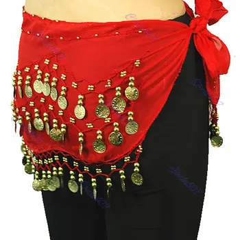 

8 Colors New Chiffon India 3 Rows Gold Coin Chain Belt Skirt Belly Dance Hip Scarf Beach Party Stage Dance Costumes Accessories