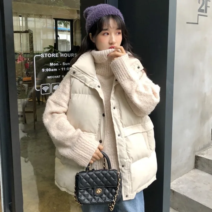 

Autumn And Winter Korean-style 2019 New Style Mid-length Fold-down Collar down Coat Sleeveless Vest Coat Oversize Cotton Coat Wo