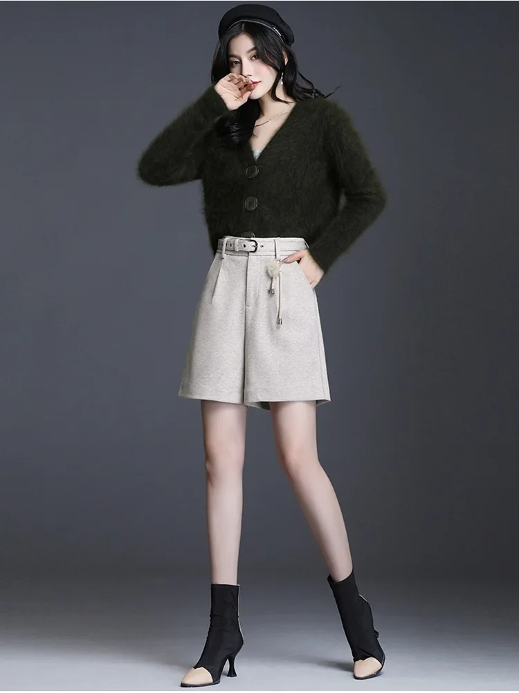 Женские зимние шерстяные шорты, Осенние новые корейские свободные элегантные шорты до колена с высокой талией, женские шерстяные шорты серого и бежевого цвета