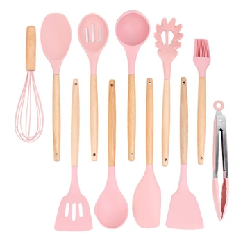

Silicone Cooking Utensil Set 6/9/11/13pcs,Non-Sstick Heat Resistant Anti Microbial Silicone,Cookware with Wooden Handle - Pink