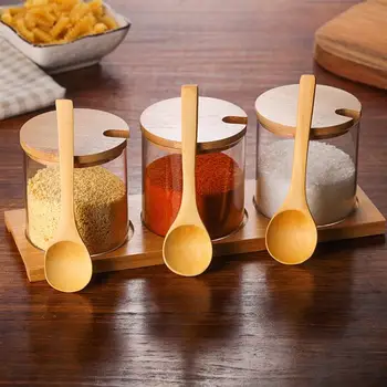 

Glass Spice Condiment Jars Sugar Can Food Storage Containers with Bamboo Lid and Wooden Spoon for Serving Tea Coffee Spice