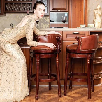 

American Style Retro Decor Cowhide High Stool Bar Solid Wood Bar Stool Home Leather Backrest Bench Stool Commercial High Seat