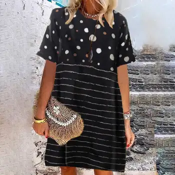 

VONDA Summer Sundress Women Striped Patchwork Dress Plus Size Casual Loose Round Neck Short Sleeve Dress Bohemian Vestidos