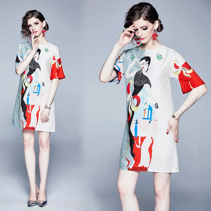 

Free shipped 2019 autumn new style Loose and stylish medium length a-line dress printing Temperament commuter women Hot style