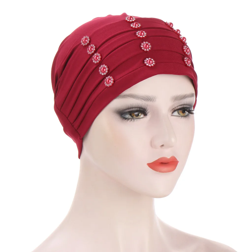 

Helisopus New Crystal Button Design Turban Hat Pleated Solid Cancer Chemo Cap Muslim Headdress Women Ready To Wear Accessories