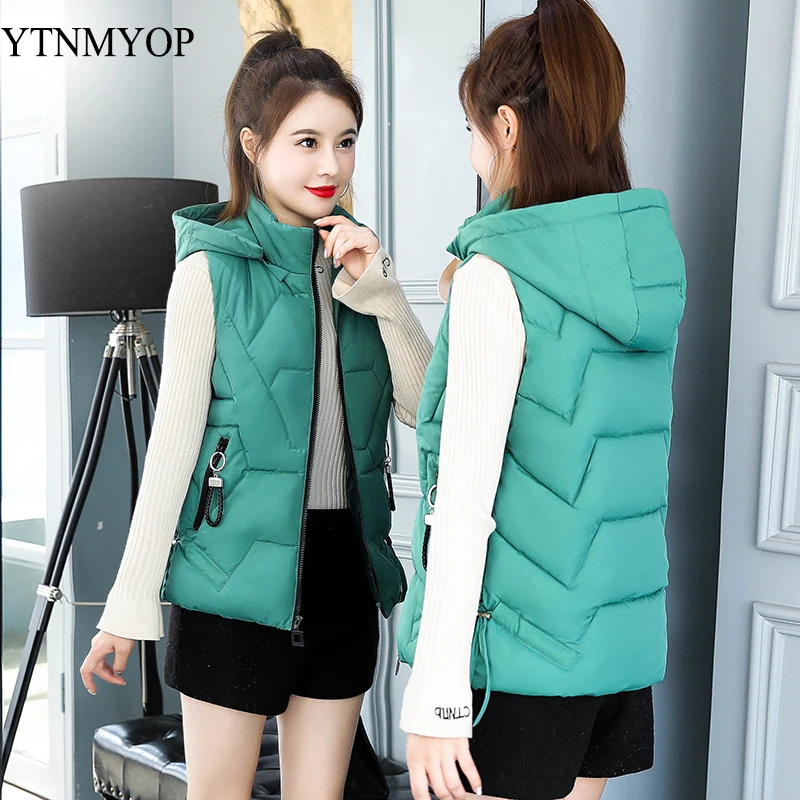 

Autumn And Winter Vest Hooded Thick Warm Vest Coat Outerwear Female Short Waistcoat Green Slim Solid Vests For Women YTNMYOP