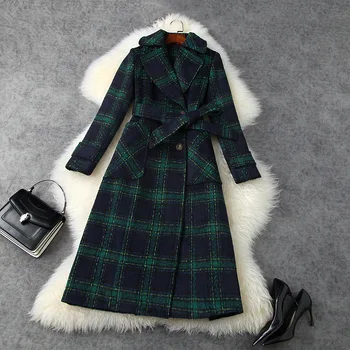

European and American women's wear 2020 winter new style Long-sleeved Green plaid double breasted Fashion woolen coat