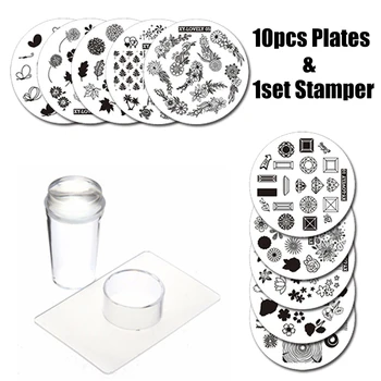 

Classic 10PC Nail Plates+Clear Jelly Silicone Nail Art Stamper Scraper with Cap Stamping Template Image Plates Nail Stamp Plate