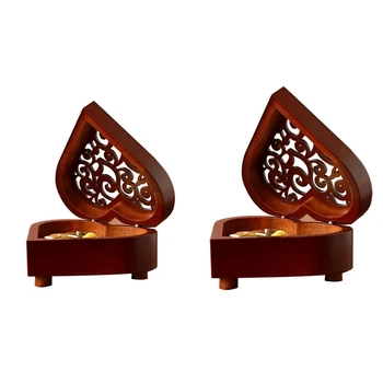 

2x Creative Heart Shaped Vintage Wood Carved Mechanism Musical Box Wind Up Music Box Gift for Christmas/Birthday/Valentine's Day