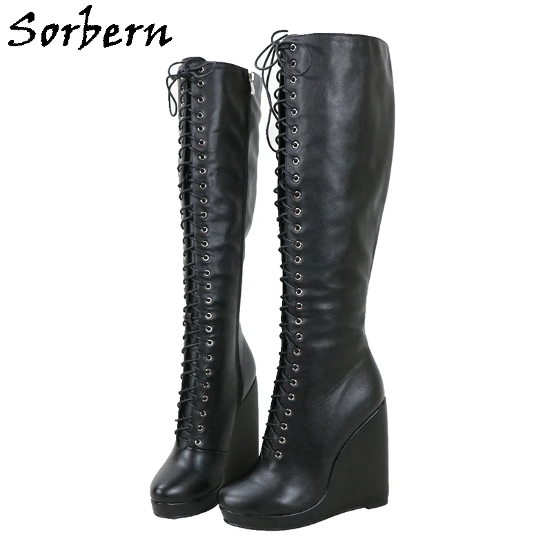 

Sorbern Custom 16Cm Wedge Boots Unisex High Heels Thin Platform Lace Up Wide Slim Fit Legs Knee High Boot Fetish Multi Colors