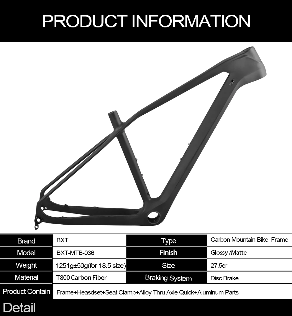 BXT Carbon Fiber Mountain Bike Frame 27.5er Chinese Carbon mtb Bicycle Frame T800 Carbon Frame BSA/PF30 MTB Bicycle Frame