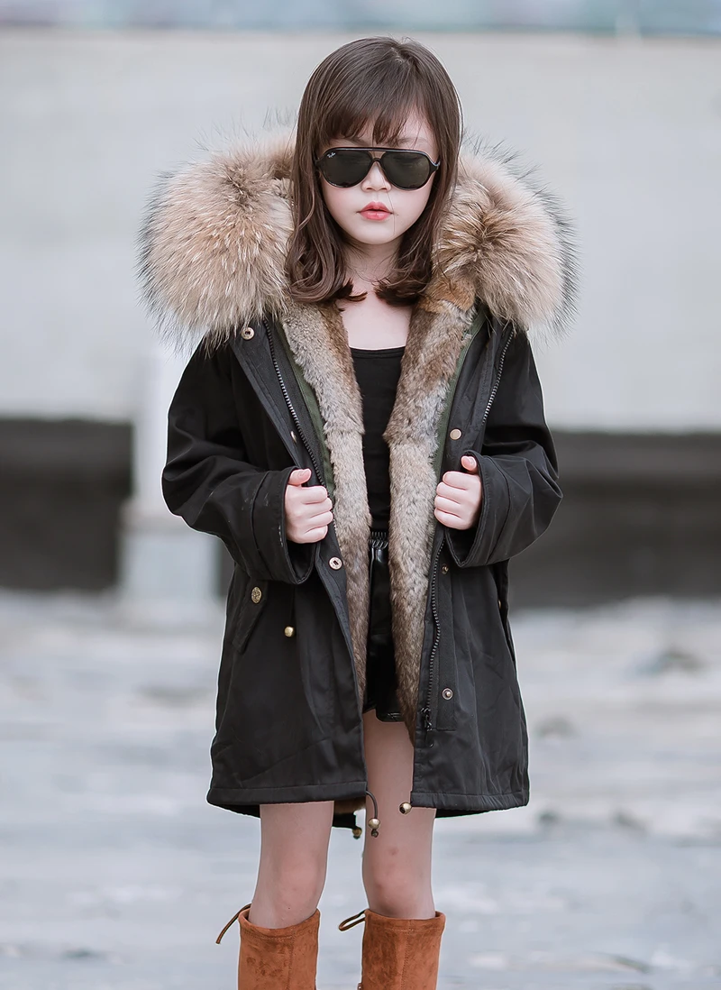 JKP/ пальто и куртки для девочек с натуральным кроличьим мехом; зимнее теплое Детское пальто-парка с воротником из натурального меха енота