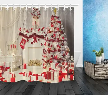 

US Christmas Tree Gifts Red Decor Bathroom Shower Curtain Set Waterproof Fabric