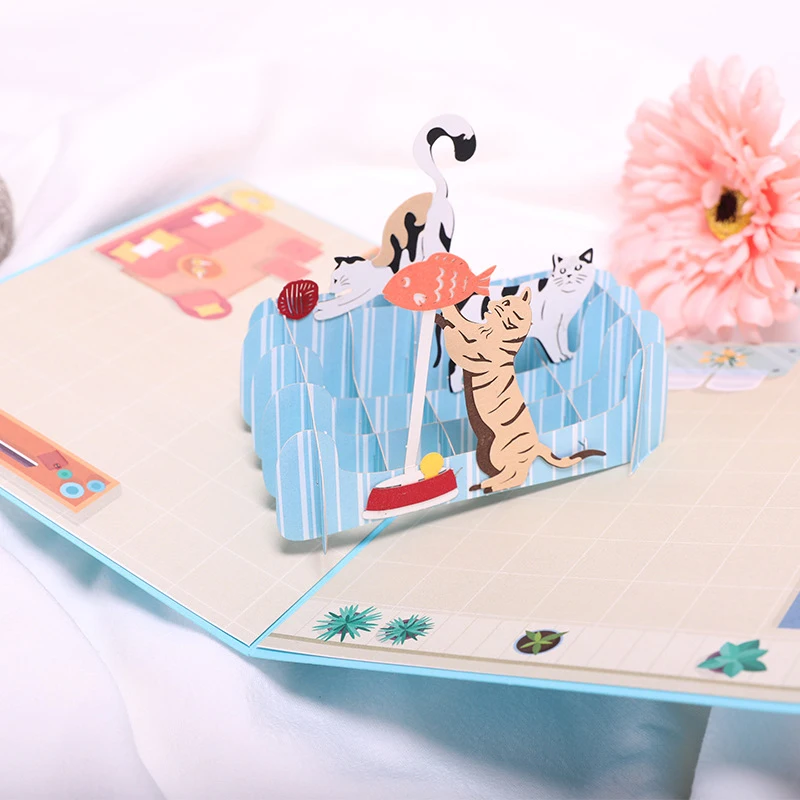  3D Handmade Comic Playing Cat Paradise Paper Invitation Greeting Cards with Envelope Birthday Famil - 4.00034E+12