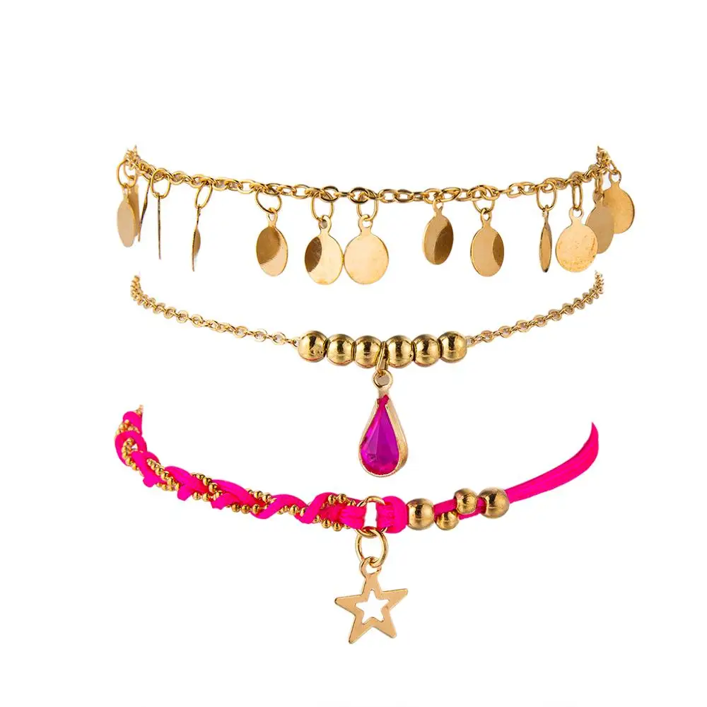 Tocona Boho Розовый Красный СТРАЗА плетение веревки блесток звезда кристалл многослойный браслет ножной браслет для женщин бижутерия для ног B27309