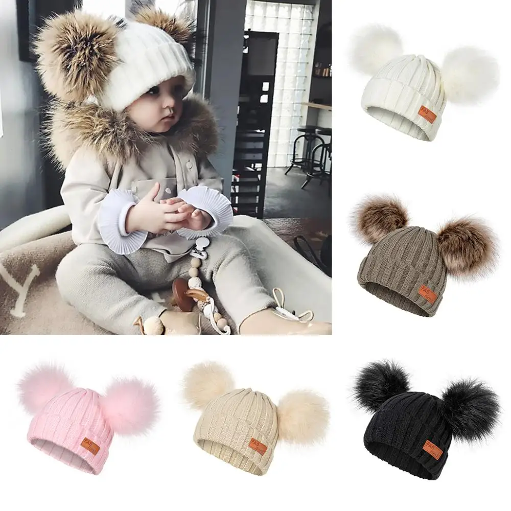 

Fashion Winter Hat Children 2 Pompoms Solid Color Delicate Twist Pattern Unisex With Sign Autumn And Winter Warm Hat