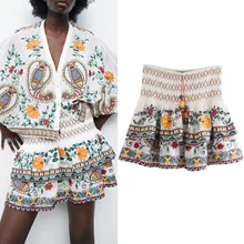 Za 2021 Embroidered Mini Skirts Woman Floral High Waist Ruffle Skirt Women Vintage Ruched Short Skirts Summer Boho Skirt