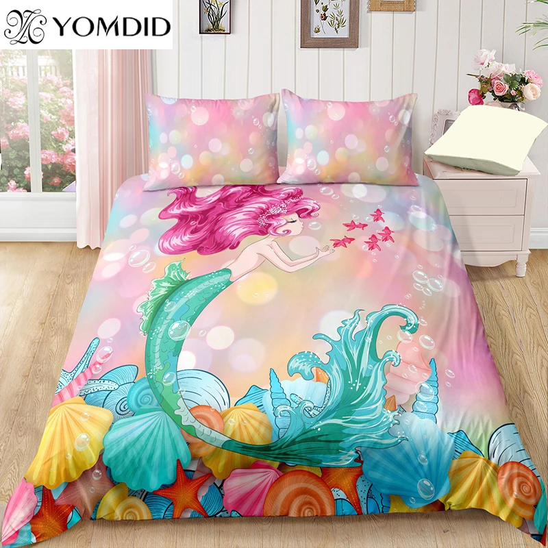 

YOMDID Cartoon bedding sets mermaid pattern duvet cover set queen king size printed duvet cover with pillowcase home decor