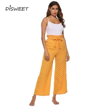 

Autumn Dot Print Trousers Woman Fashion Department Bandwidth Loose Tube Pants Ladies Simple Ruffled Yellow Trousers Plus Size