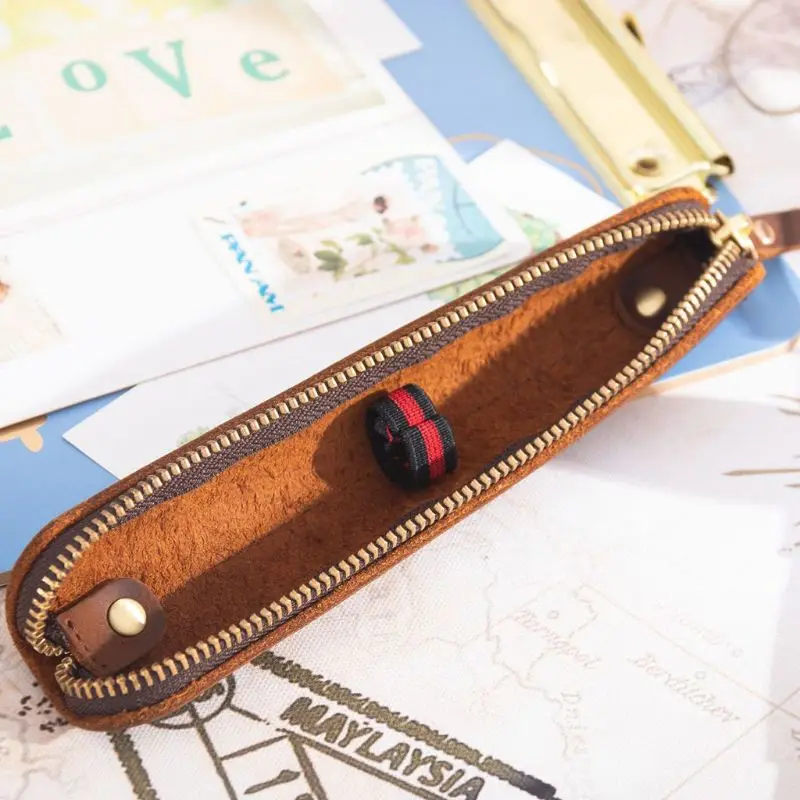 Кожаная сумка-карандаш ручной работы в винтажном стиле ретро на молнии, Чехол-Сумочка Для авторучки