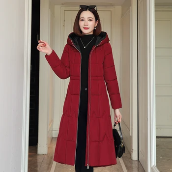

High Quality Plus Size Women Winter Jacket X-Long Hooded Cotton Padded Womens Coat Thick Casual Slim Female Parka Solid Outwear