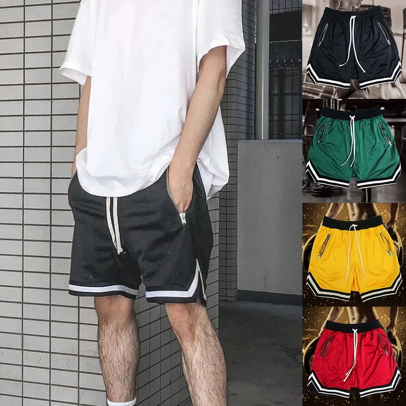 Vogue Men Summer Sports Shorts Loose Breathable Fitness Gym Shortpants Zipper Pocket Striped Patchwork Running Sweatpants