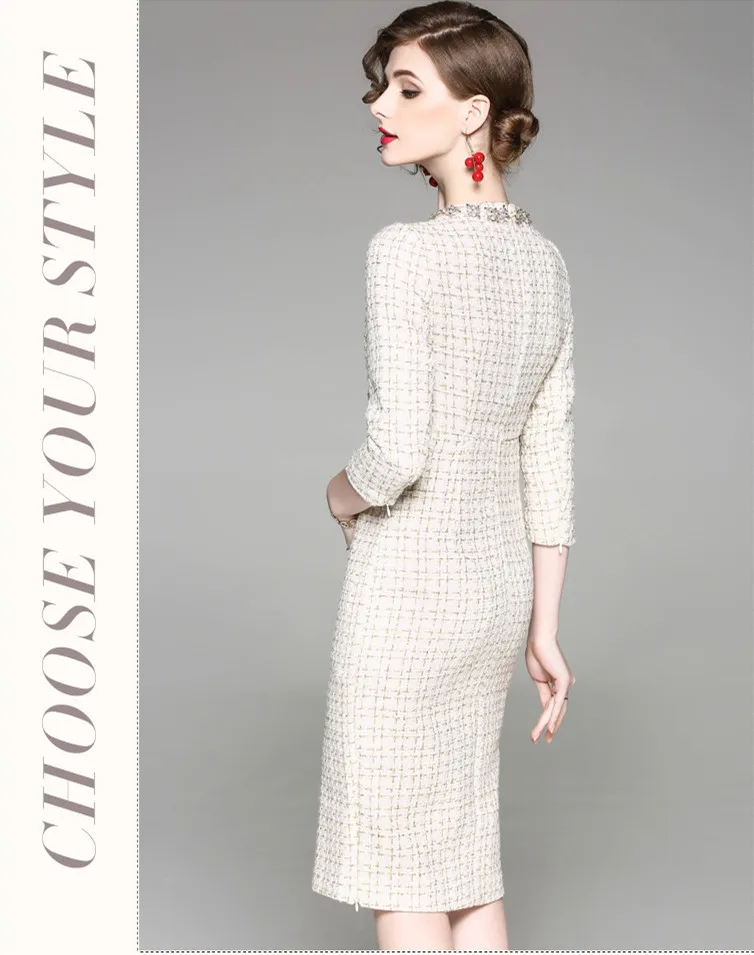 Autumn/winter women's tweed dress high quality rhinestone three quarter sleeves plaid pencil dress A970