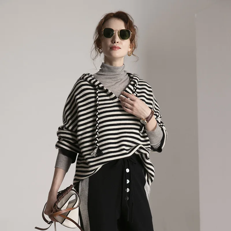  women's black white striped cashmere sweaters pullover long sleeve plus size loose Female hooded kn