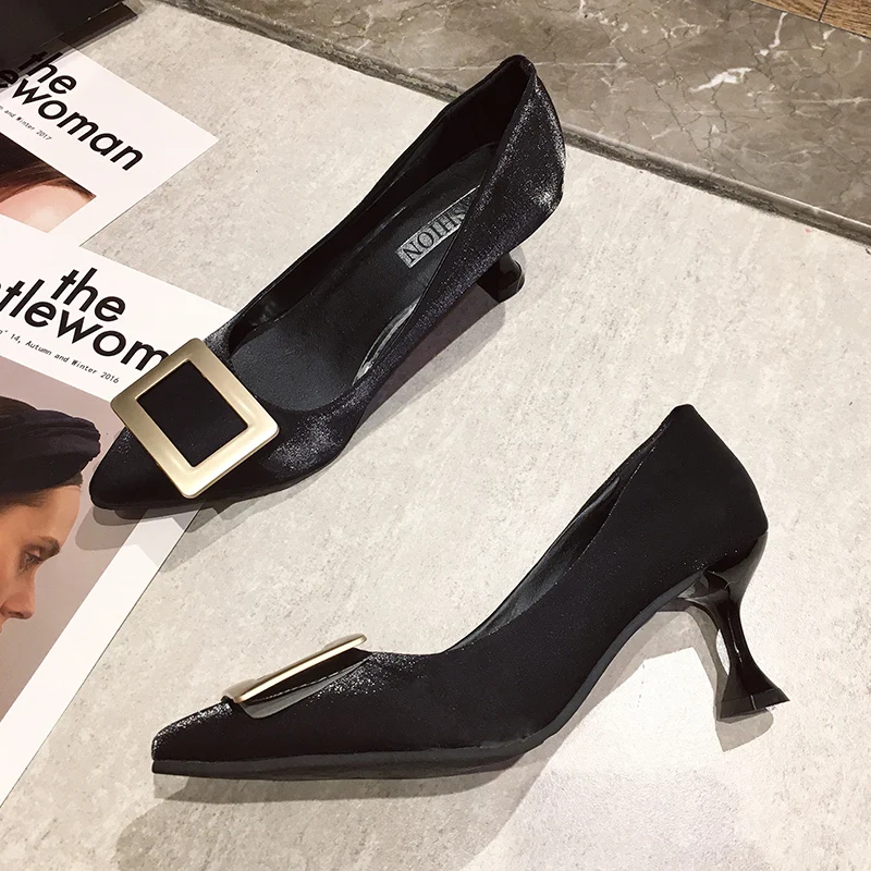 

For Lady High Heel Office Shoes New women's shoes fashion pointed metal decorative stilettos boat mouth black high heels U28-20