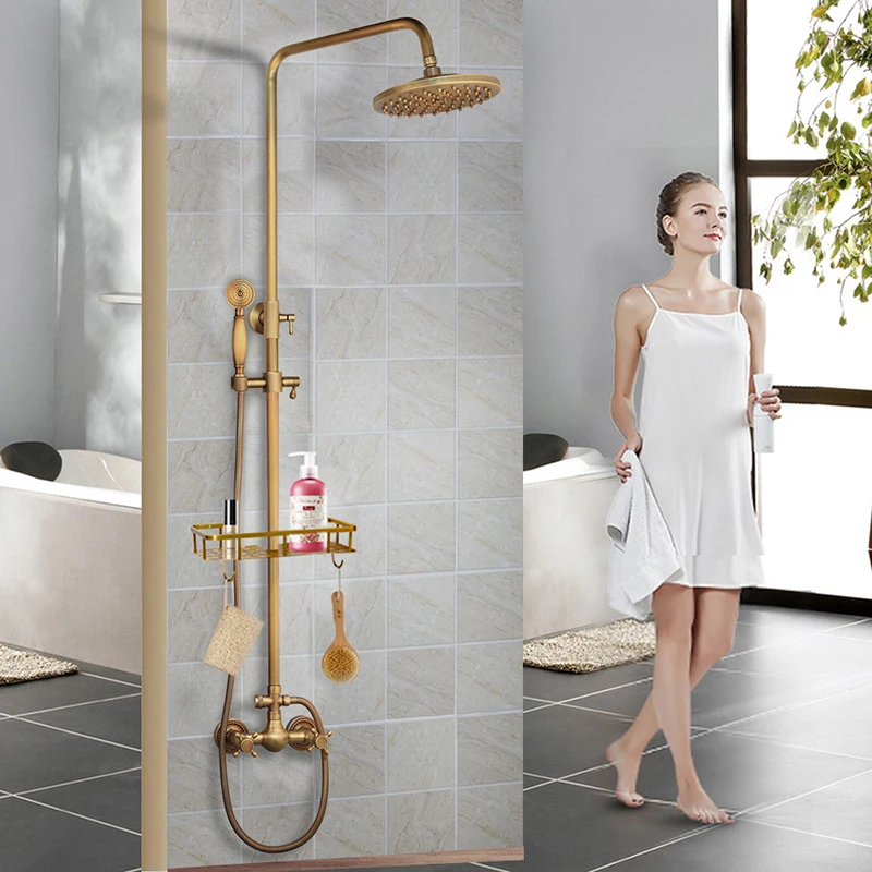 Description Picture 6 of itemMonite Antique Brass Bathroom Shower Faucet Set Wall Mount Rainfall 8 Inch Round Head 2 Functions Hand Shower Mixer Tap w/ Shelf