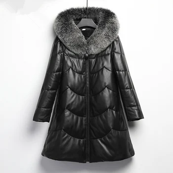 

Geniune Leather Jacket Women Real Sheepskin Leather Winter Warm Down Coat Fox Fur Collar Plus Size FD117 MF512