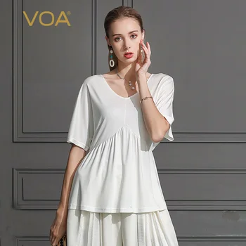 

VOA Natural White Silk Womens Knitted V Collar Off Shoulder Middle Sleeve Elastic High Waist Wrap Casual T Shirt Women B629