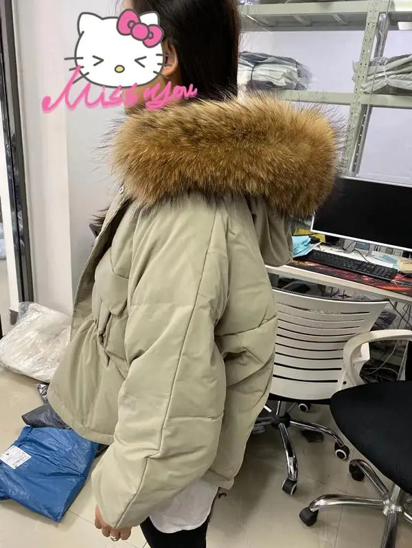 Bean green Brown Fur Fitaylor, зимняя, теплая, 90%, белая, утиный пух, парка для женщин, большой, натуральный мех енота, воротник с капюшоном, короткая куртка, пальто, свободный пуховик, верхняя одежда - Цвет: Bean green Brown Fur