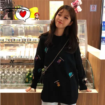 

2019 Autumn and Winter Fashion Women Sweaters Loose Pullovers Embroidery Sweater Long Sleeve O-neck Knitted Sweater 6028 50