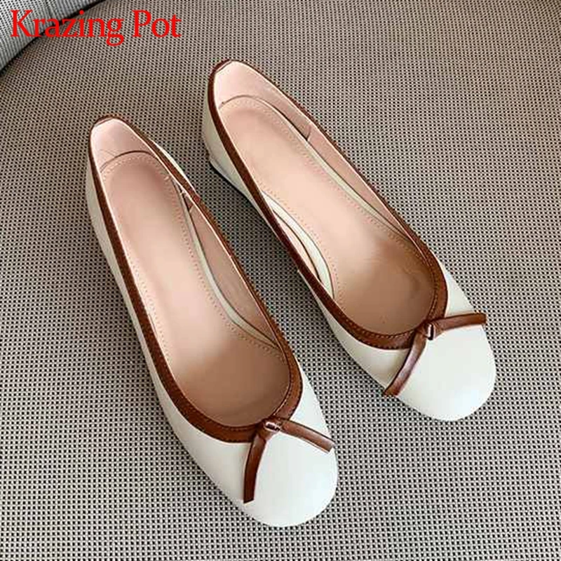 

Krazing Pot genuine leather sweet ladies shoes mixed colors bowtie round toe med heels slip on elegant autumn women pumps L59