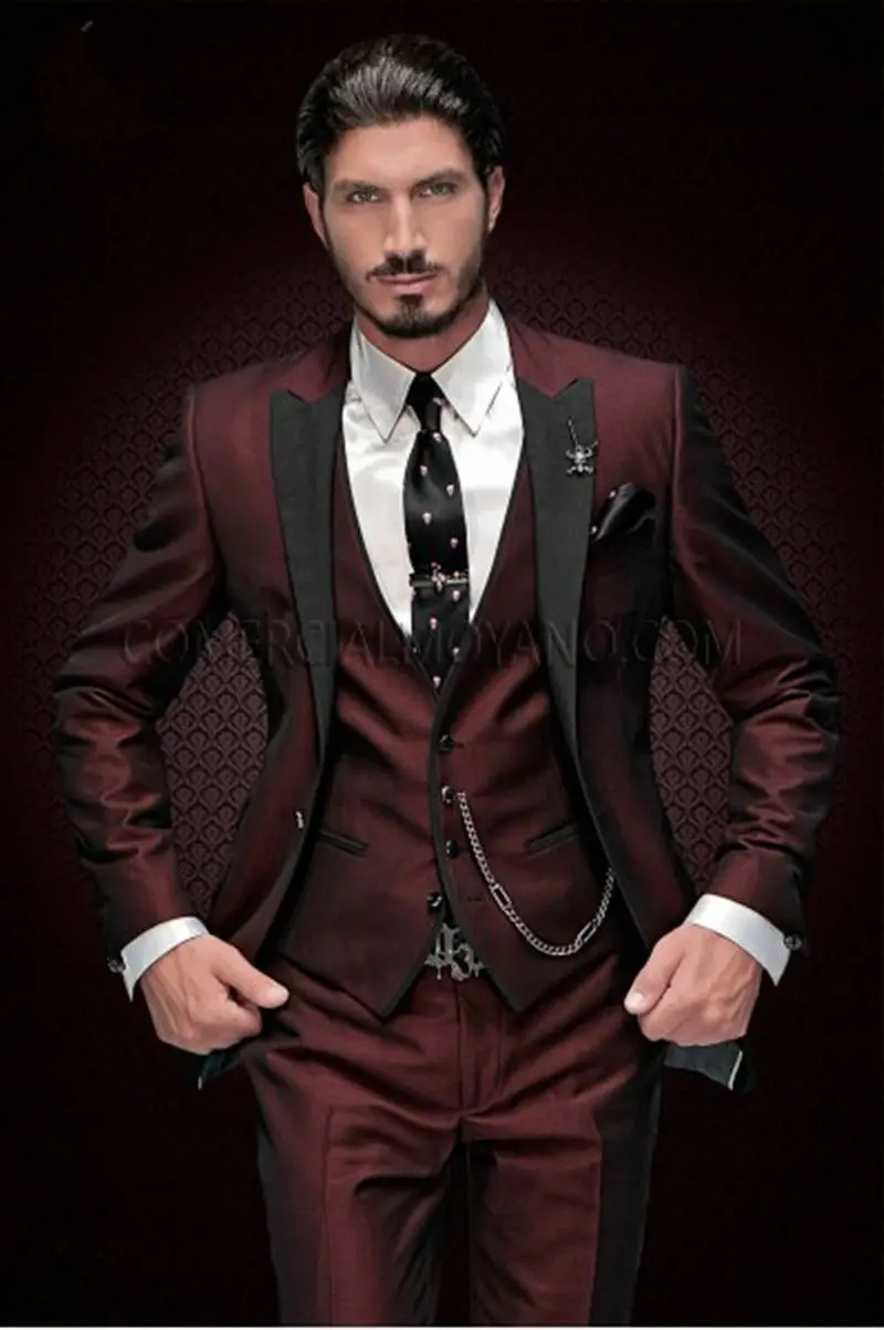 Wine Red Men's 3 Piece Suit With Black Peak Lapel Slim Fit Tuxedos  Groomsman - Groom Wear - AliExpress