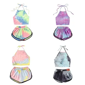 

Womens Sexy Summer Two Piece Set Tie-Dye Gradient Colored Printed Halter Backless Crop Top Wide Leg Shorts Pants Suit Beachwear