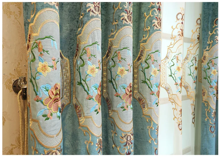 blue curtain Высококачественная шелковая вышитая Роскошная штора в европейском стиле для ливеринга, занавески с бисером и тюлем по индивидуальному заказу - Цвет: blue curtain