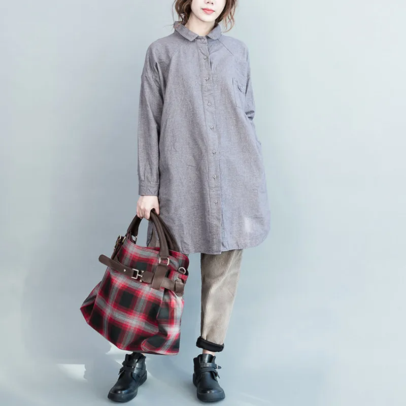 

Johnature Autumn New Korean Simple Solid Color Loose Long Shirts 2019 Turn-down Collar Full Sleeve Button Causal Women Blouses