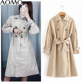 

AOMO women Korean style solid long trench coat with slash 2020 long sleeve office ladies work wear tops high quality 3A60A