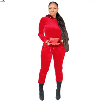 

Women Tracksuit Sequin Patchwork Two Piece Set Velvet Tops Sport Hoody Neck Pockets Street Long Pants Minimalist Female Outwear