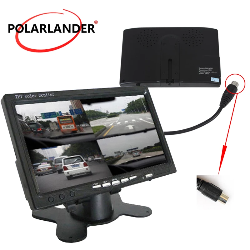 

PolarLander Car Video Monitor For Front Rear Side View Camera Quad Split Screen 6 Mode Display 7" LCD 4CH Video input DC12V-24V