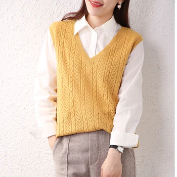 

Wool Vest Women Solid Short Loose Trendy Korean Style Sleeveless Knitted V-Neck Female Coats Leisure Hollow out Cashmere Vest