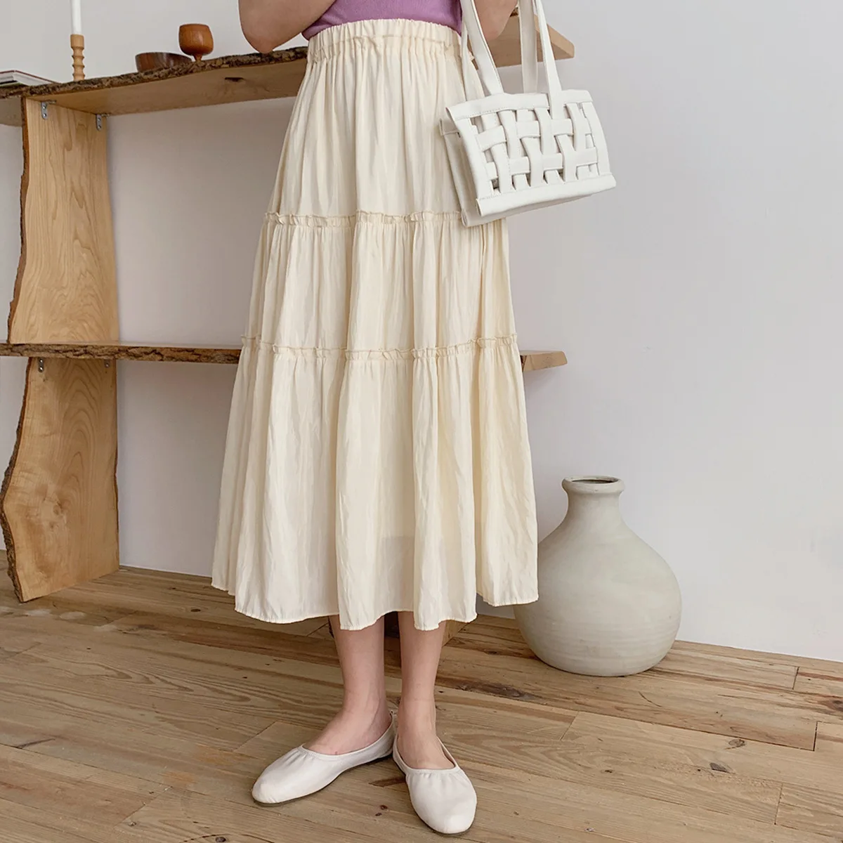 

Summer Ruffle Midi A-line Skirt Korean Vintage Streetwear Solid White Black Skirt High-waist Stitching Pleated Long Skirt