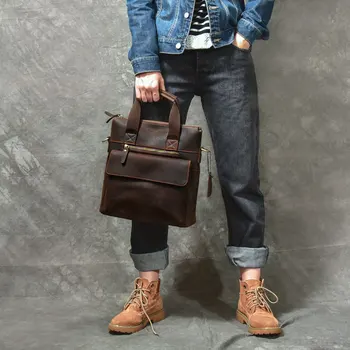 

BJYL Vintage Handmade Men Handbags Genuine Leather Man Shoulder Bag Tote Crossbody Messenger Bags Men's Crazy Horse Leather Soft