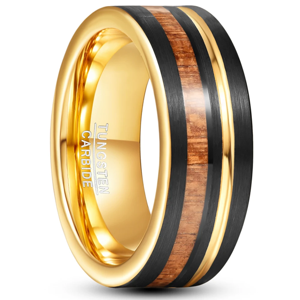 

Nuncad 8mm Inlaid Black Gold Color Wood Grain Partial Groove Tungsten Steel Ring Men's Wedding Band Jewelry