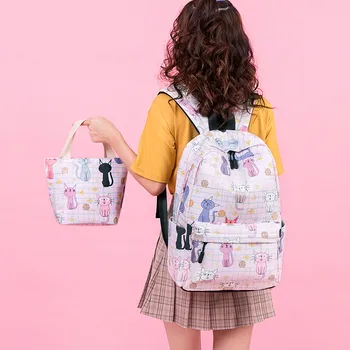 

2pcs/set Ladies Cute Cartoon Cat Printed Light and Waterproof Polyester Backpack Women Bags Travel Computer Backpacks School Bag