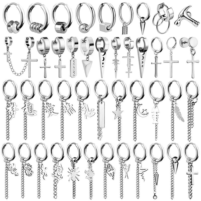 SOHOT Geometry Unisex Titanium Stainless Steel Drop Hoop Earrings Chinese Character Tassel Chain Man Star Cross Dragon Feather | Украшения