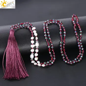 

CSJA Fringed Long Boho Necklace Glass Bead Pearl Beaded Necklaces Red Tassel for Girl Jewelry Winter Sweater Collares Largo S054