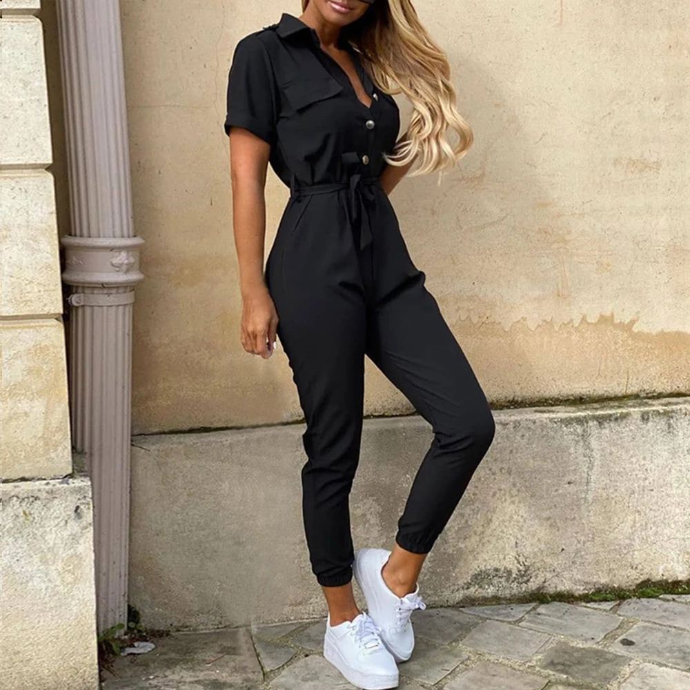 Women Casual solid color Jumpsuit 2020 Summer Deep V Neck Button Shirt Overalls Short Sleeve Office Lady One Piece Romper Belt